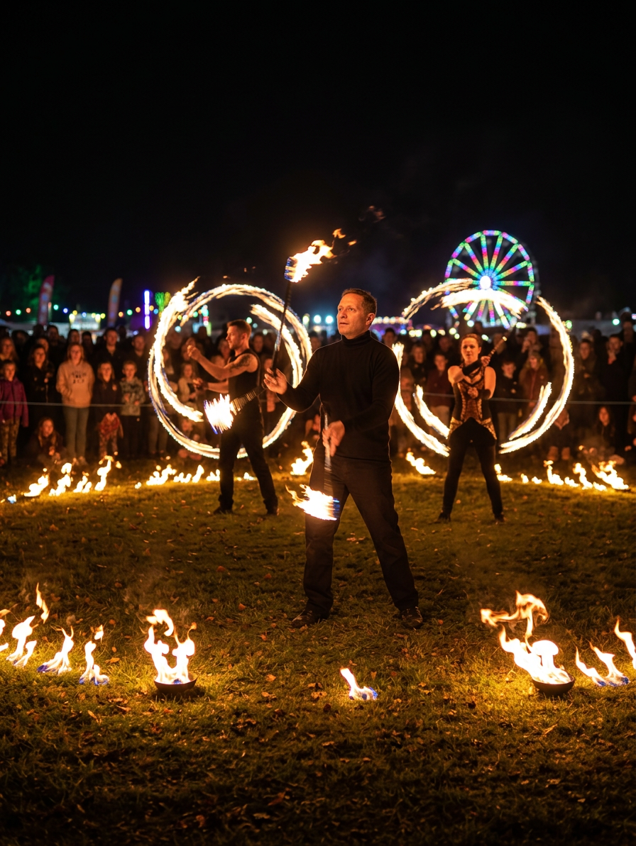 Three fire jugglers performing in front of a crowd at night with a lit ferris wheel in the background